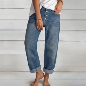 Jeans de mezclilla de cintura alta de pierna recta para mujer, sin etiqueta, a la moda, al por mayor - Product Image 5