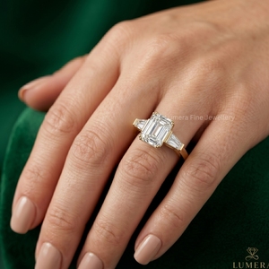 9k 10k 14K18k Yellow Gold Baguette Cut Lab Grown Diamond Engagement <b>Ring</b> Baguette Side Stones Women Three Stone Bridal IGI - Product Image 6