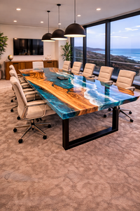 Ocean Epoxy Resin Conference Table Blue Wave River Live Edge Wood Desk Handmade Resin Coastal Style Dining Table - Product Image 2