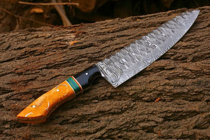 Cuchillo de Chef Hecho a Mano de Acero de Damasco, Hoja de 8 Pulgadas, Estilo Japonés, Mango Ambidiestro con Patrón de Damasco Trenzado - Product Image 4