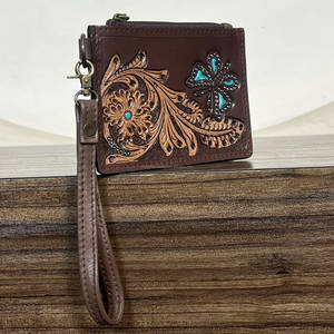 Top Selling <b>Real</b> Handmade Genuine Tooled <b>Leather</b> <b>Wallet</b> Stylish Floral & Butterfly Design Coin & Card Holder Women's Daily Use - Product Image 4