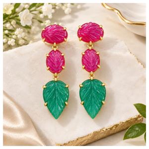 Ruby with Green Jade Leaf Carving Gemstone Brass <b>Earring</b> 18k <b>Gold</b> Plated Bohemia Style Women's Statement Jewelry Drop <b>Earrings</b> - Product Image 4