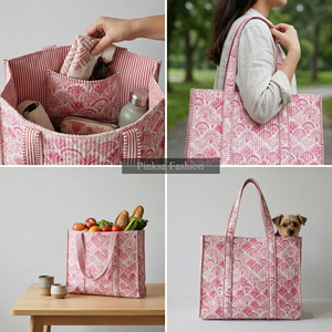 Bolsa de Mano Acolchada Hecha a Mano con Estampado de Bloques para Primavera, Verano y Otoño, 100% Algodón, con Cierre, Bolsillos Grandes Reutilizables para Compras, Venta al por Mayor en Jaipur - Product Image 2