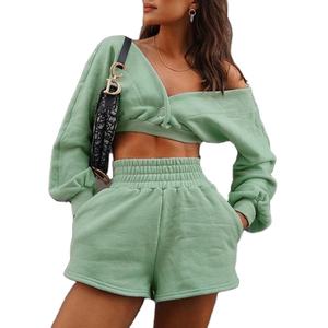 Ensemble deux pièces pour femmes, sweat-shirt à capuche court zippé personnalisé, sweat-shirt en toile unie, pantalon de survêtement, jogging - Product Image 1