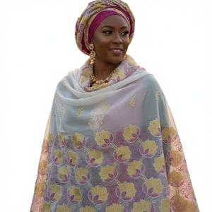 Pañuelo Africano Aso Ebi de Algodón Voile - Bordado Floral con Pedrería, Chal Tradicional Transpirable para Uso Diario Femenino - Product Image 1