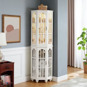 Solid Wood Corner Curio Cabinet 4 Adjustable Tempered Glass Shelves Lighting System <b>Acrylic</b> <b>Mirrored</b> Back Display China Cabinets - Product Image 3