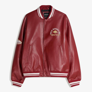 Men'<b>s</b> Red PU Varsity <b>Jacket</b> Preppy Style Embroidered Logo Turn-down Collar Regular Sleeve Autumn Wear leather cowhide chenille - Product Image 3