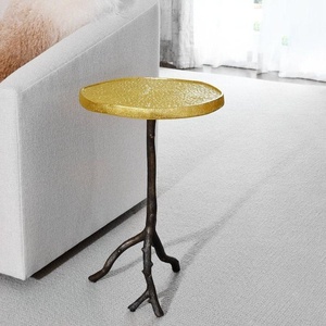 Mesa tapizada de lujo Saleem International 2026 con base decorativa de hoja de ginkgo en metal dorado para entrada o dormitorio - Product Image 3