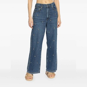 High Waist Wide Leg Denim Pants With Rivet <b>Decoration</b> Stonewashed Cotton Women's Jeans Casual Autumn Style - Product Image 2