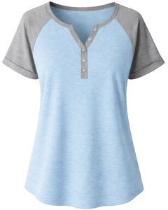 T-shirt pour femme bleu ciel gris à manches courtes, col Henley, manches raglan, en coton doux, décontracté, respirant, confortable, pour l'été et le quotidien - Product Image 1