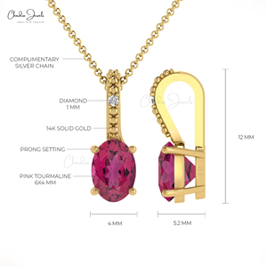 Colgante de oro macizo de 14k con turmalina rosa ovalada de 6x4mm y diamante G-H con engaste oculto, proveedor popular al por mayor - Product Image 4