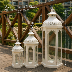 Antique Moroccan Style White Metal & Glass Candle <b>Lantern</b> <b>Set</b> 3 White Finished for Home & Garden Decorative Candle <b>Lantern</b> - Product Image 1
