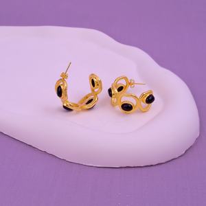 Elegant Natural <b>Black</b> Onyx Gemstone Handmade <b>Gold</b>-Plated Hoops Luxury Artisan Designer Statement Studs <b>Earring</b> Fashion Wholesale - Product Image 5