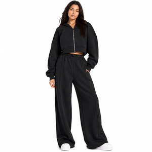 Womens Cropped Zip Hoodie & Wide Leg Sweatpants <b>Set</b> Casual 2 Piece <b>Loungewear</b> Tracksuit Relaxed Fit Jogger <b>Set</b> OEM Custom - Product Image 4