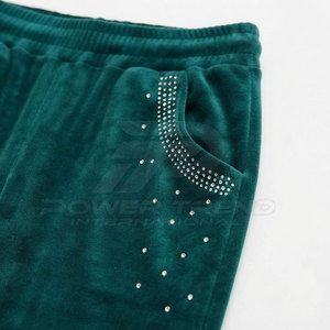 Ensemble de vêtements tendance pour femmes, pantalon à taille élastique en velours avec strass et haut court à manches longues, coupe ajustée - Product Image 6