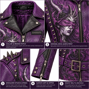 Veste en cuir violette pour femme, style motard, avec imprimé graphique 'Horned Queen', ceinturée, col à revers, cloutée et à pointes, Offre d'usine - Product Image 6