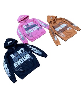 Sweat à capuche surdimensionné personnalisé imprimé bouffant fermeture éclair complète en détresse déchiré bord brut lourd GSM français éponge brodé Logo pantalons de survêtement hommes - Product Image 2