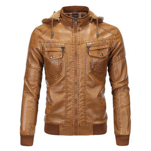 Blouson de motard pour homme en cuir PU à capuche avec doublure en fausse fourrure, fermeture éclair, couleur unie, coupe ajustée, style moto, pour l'automne - Product Image 5