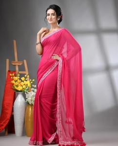 Sari Tradicional KV de Algodón Mul con Borde Bordado para Fiesta, Sin Blusa - Product Image 5