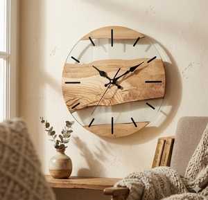 Live Edge Wood Glass <b>Wall</b> <b>Clock</b> – Rustic Boho <b>Silent</b> Home Decor (30cm) - Product Image 5