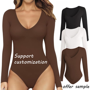 PINGZHIYUE ชุดว่ายน้ำวันพีชสำหรับผู้หญิงคอวีลึกแขนยาวสีทึบชุดว่ายน้ำถักแบบยืดสีแดงสีดำสีขาว - Product Image 2