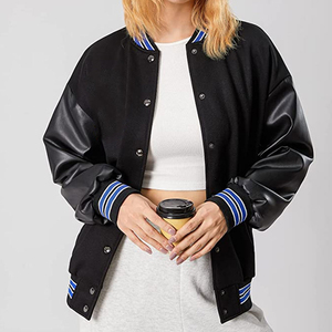 Top Fashion Varsity <b>Jacket</b> With PU <b>Leather</b> Sleeves And Blue Stripe Trim Full Sleeve Chenille Patches Embroidery Wool Letterman - Product Image 6