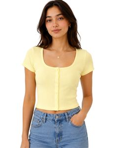 Yellow Women Ribbed Knit <b>Crop</b> <b>Top</b> Short Sleeve Button Front Slim Fit Square Neck Casual Summer Cotton T Shirt Blouse For Ladies - Product Image 1