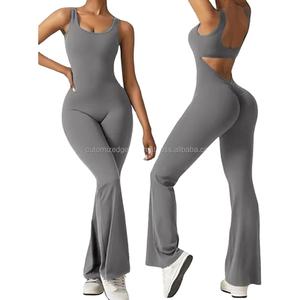 Women's Sexy Solid Pattern Jumpsuit Skinny Butt-Lifted Tight High <b>Waist</b> Flared Hem Backless Hollow Sports Yoga Wide Leg Jumpsuit - Product Image 4