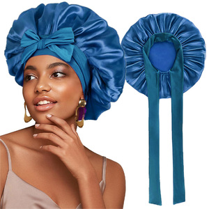 Bonnet de nuit en satin double couche avec logo personnalisé, bande large réglable, pour tresses longues, vente en gros - Product Image 2