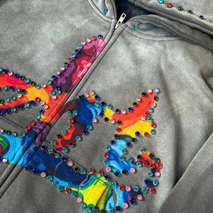 Oversized Hooded Sweatshirt Unisex <b>Rainbow</b> Rhinestone Zipper-Up Streetwear Regular Sleeve French Terry Knitted Breathable 300g - Product Image 2