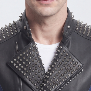 Men's Premium Genuine Leather <b>Studded</b> Biker Jacket with Stand Collar Waterproof Front Logo - Product Image 5