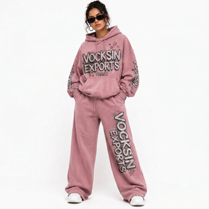 Vocksin Exports Womens <b>Pink</b> Acid Wash Oversized <b>Hoodie</b> Tracksuit Wide Leg Sweat Set Graphic Streetwear Lounge Wear Outfit - Product Image 1