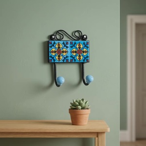Crochet mural rétro en céramique motif floral bleu jaune rouge, 2 crochets, support en fonte fait main, écologique et réglable - Product Image 3