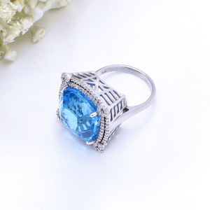 Comprar lujoso anillo de joyería de mujer de plata de ley sólida 925 hecho a mano Topacio azul natural piedra preciosa diamante para boda IGI - Product Image 4