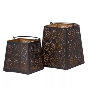 Iron <b>Lantern</b> <b>Set</b> With Floral Cutouts Black And Gold Home Decoration Durable Outdoor Indoor Use - Product Image 6