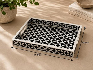 Plateau de service en bois à motif horizontal Art Déco, incrustation osseuse noire et blanche, forme personnalisée, thème fruits/fleurs, compatible micro-ondes - Product Image 6