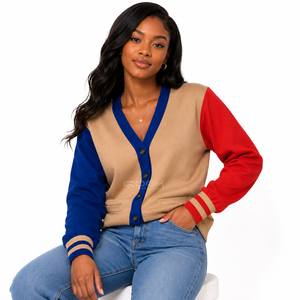 Cosh International <b>Acrylic</b> Knitted Sisterhood Sorority Navy Blue Brown Red Stylish Warm Winter Cardigan Stylish Sweater - Product Image 1