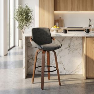 Mid Century Modern Bar <b>Stool</b> with Walnut Solid <b>Wood</b> Frame, Grey Linen Upholstered Counter Height Chair for Kitchen Island - Product Image 3