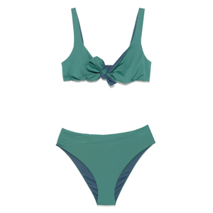 Conjunto de Bikini Casual y Cómodo de Cintura Alta para Mujer, Color Sólido, con Sujetador Triangular Acolchado Extraíble, Tejido de Punto Acanalado de Spandex, Sin Costuras, Profundo - Product Image 1