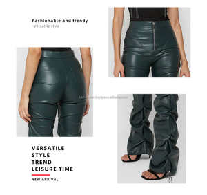 Pantalon empilé vert pour femme avec taille élastique en cuir PU fermeture à glissière et poches arrière Streetwear personnalisé prêt en stock coupe ajustée - Product Image 6