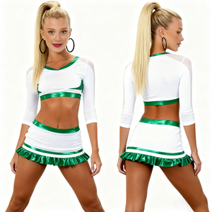 ชุดเชียร์ลีดเดอร์แบบกำหนดเอง สีเขียวและสีขาว ชุดเชียร์ลีดเดอร์วาร์ซิตี้ ชุดเชียร์ลีดเดอร์สำหรับลีก ชุดเชียร์ลีดเดอร์แบบยืดได้สำหรับเชียร์ข้างสนาม - Product Image 1