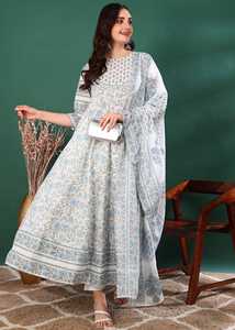 Kurta blanca de algodón con estampado floral para mujer, corte en A, con dupatta, cuello redondo, mangas tres cuartos, con lentejuelas, largo hasta la pantorrilla, estilo étnico. - Product Image 4