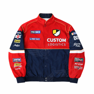 เสื้อแจ็คเก็ตแข่งรถแบบกำหนดเองสำหรับผู้ชาย ปักลายปักตกแต่ง แนวมอเตอร์สปอร์ต สีดำม่วง ติดกระดุมแป๊ก สตรีทแวร์ โลโก้ OEM ขายส่ง - Product Image 3