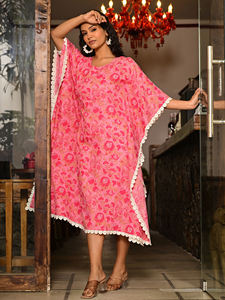 Vestido Kaftan Azul Estampado 100% Algodón Tejido con Cintura Natural, Borde de Encaje y Manga Murciélago Holgada - Product Image 6