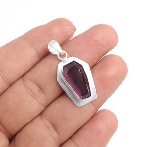 Pendentif en laiton en argent sterling 925 avec améthyste naturelle, pierres précieuses de guérison, taille cercueil, plaqué argent avec sertissage clos pour femme - Product Image 3