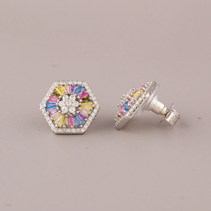Hexagon <b>Stud</b> <b>Earrings</b> With Multicolor <b>Crystal</b> Rhinestones Prong Setting For Women Classic Fashion Jewelry - Product Image 2