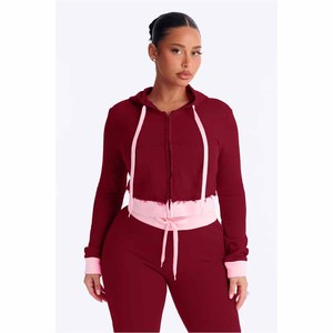 Conjunto de Dos Piezas con Capucha Color Granate para Mujer, Ropa Deportiva Informal de Punto, Corte Holgado, Pantalones Largos de Color Sólido con Ribete Rosa para Todas las Temporadas - Product Image 6
