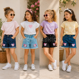 Shorts en jean pour filles, taille haute, fleurs brodées, ourlet effiloché, noir, bleu, bleu foncé, lot de stock, vêtements du Bangladesh, vente en gros - Product Image 2
