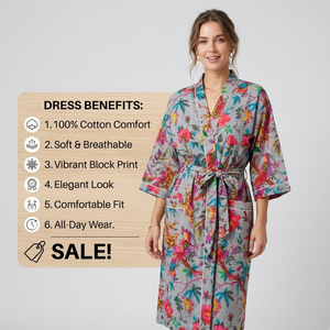 Kimono Floral Gris de Algodón Hecho a Mano |   Bata de casa de manga larga con cuello en V para mujer |   Bata de longitud completa y corte holgado, obra maestra de alta costura - Product Image 6
