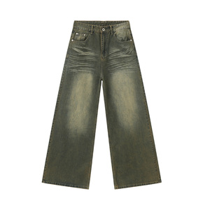 Jeans de Moda Americanos Vintage de Algodón Verde con Lavado Ácido, Pierna Ancha, Efecto Desgastado, Estilo Carpenter, Holgados y de Diseñador - Product Image 1